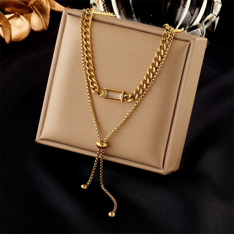DIEYURO 316L Stainless Steel Butterfly Moon Lock Blue Eyes Pendant Necklace For Women Multilayer Choker Chain Jewelry Gifts - Charlie Dolly