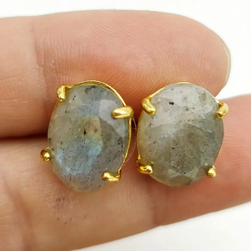 Oval Shape Stud Earrings golden Color Natural Stone Faceted Pink Quartz Crystal Agate lapis lazuli Healing Jewelry Female - Charlie Dolly