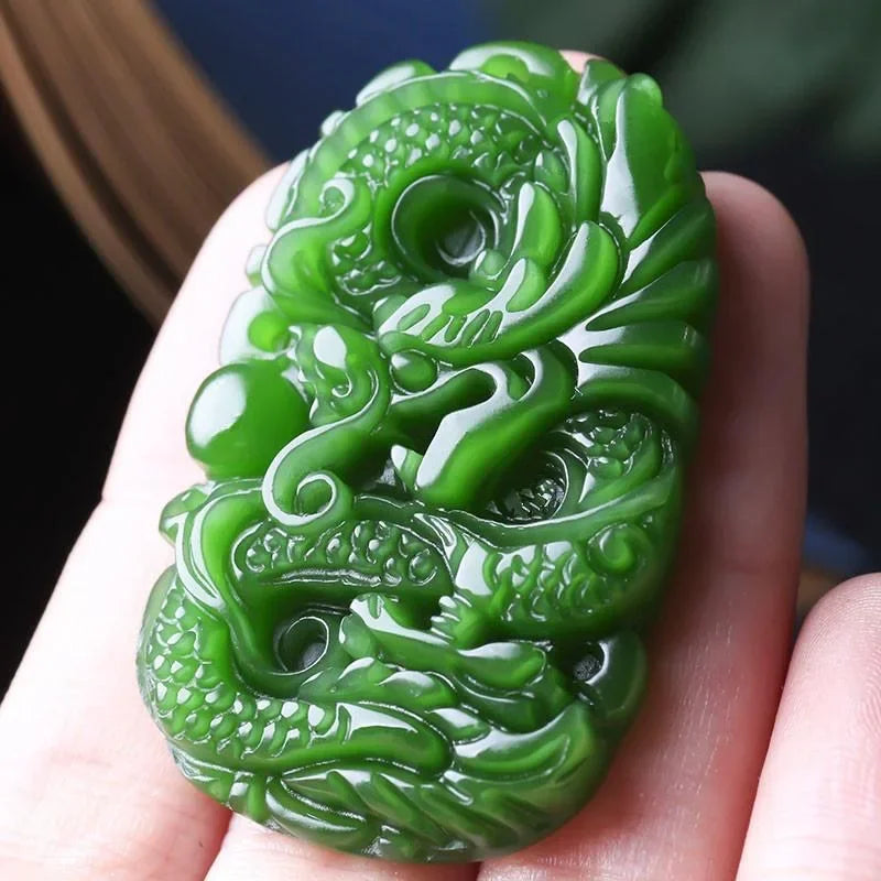 Natural Green Jade Dragon Carved Amulet Necklace