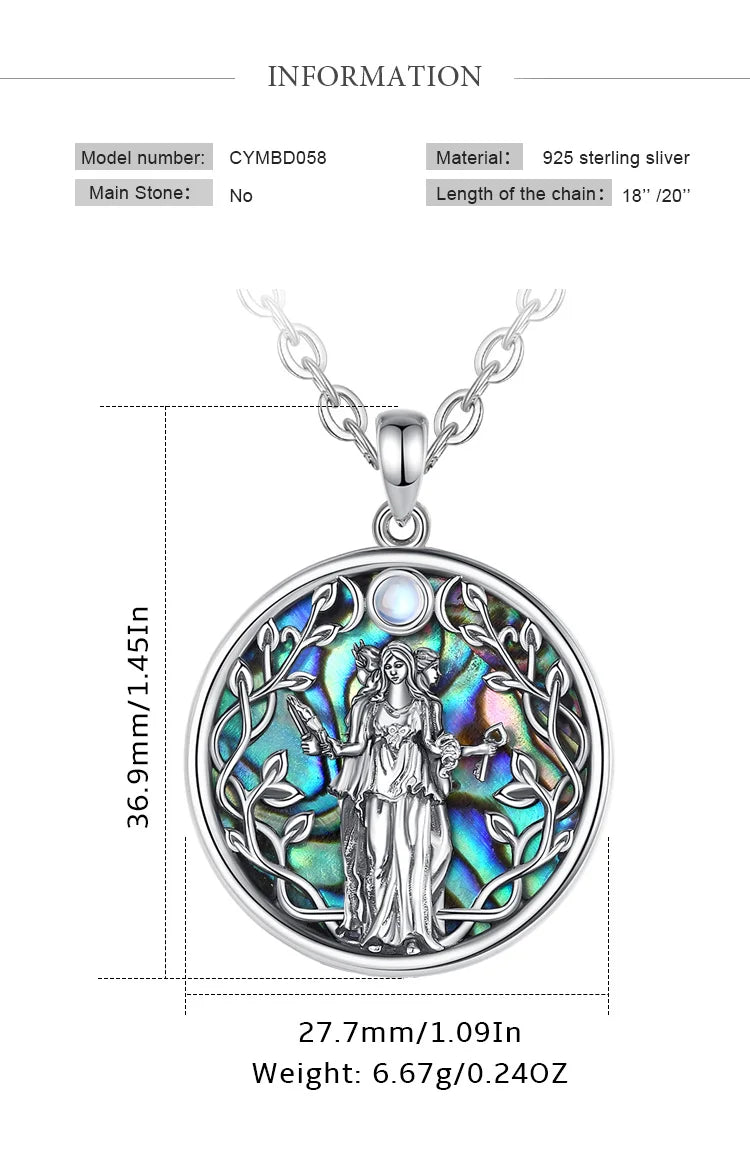 S925 Sterling Silver Triple Moon Goddess Pendant Necklace, Hecate Natural Abalone Amulet