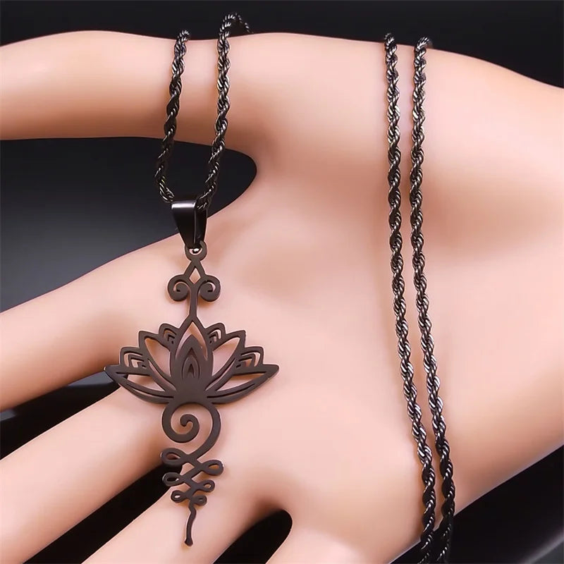 Artistic Lotus Flower Pendant Necklace, Stainless Steel Black Chakra Goth Talisman