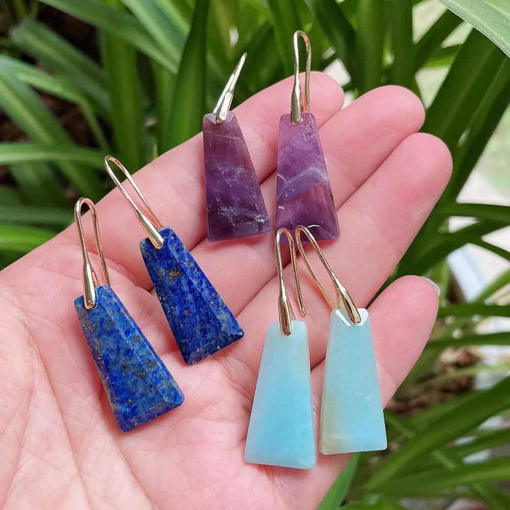 Natural Crystal Geometric Drop Earrings, Amethyst Rose Quartz Healing Tassel Jewelry