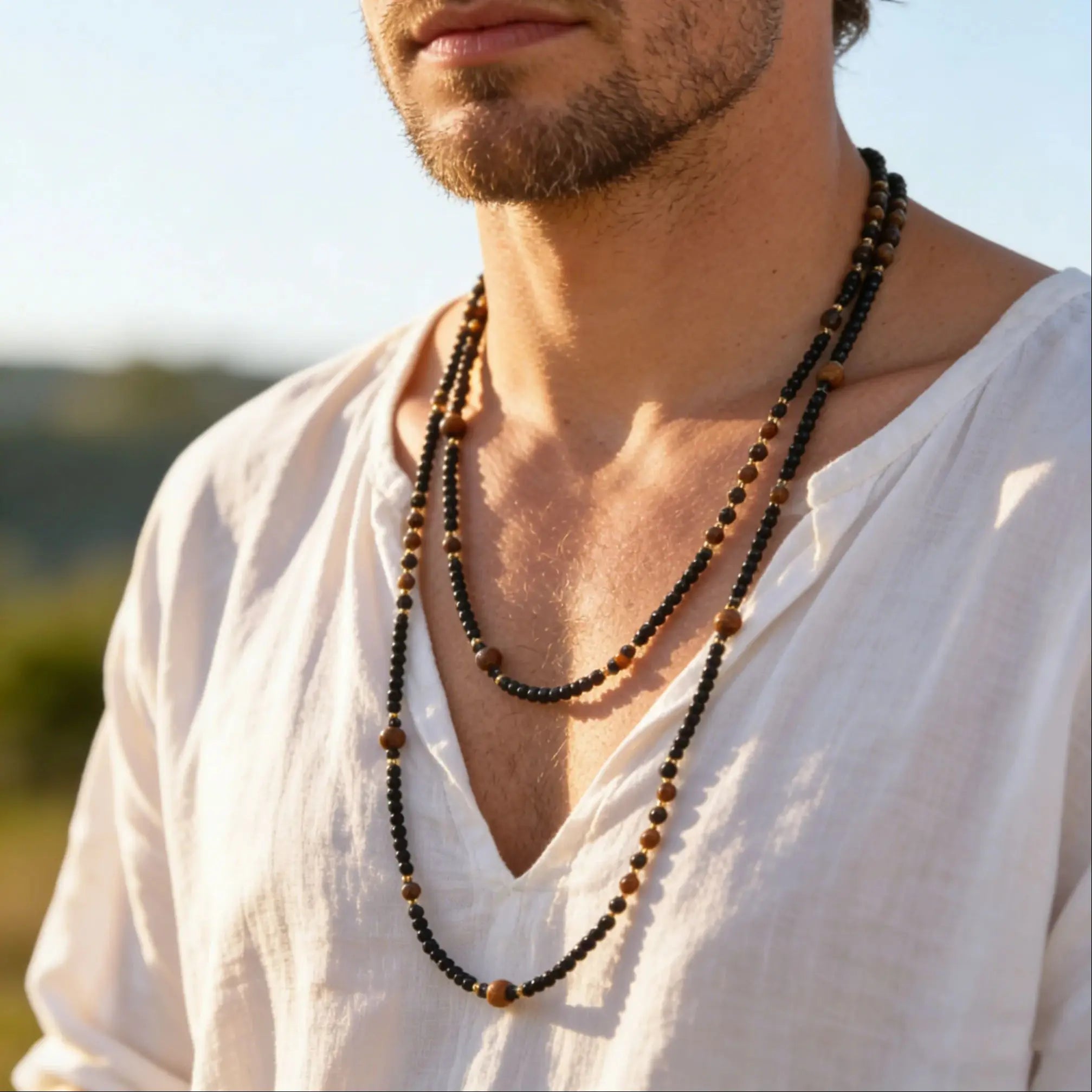 Black Agate Natural Stone Tiger Eye Beads Chain Necklace for Men, Retro Long Sweater Chain Necklace, Fashion Boho Jewelry Gift - Charlie Dolly