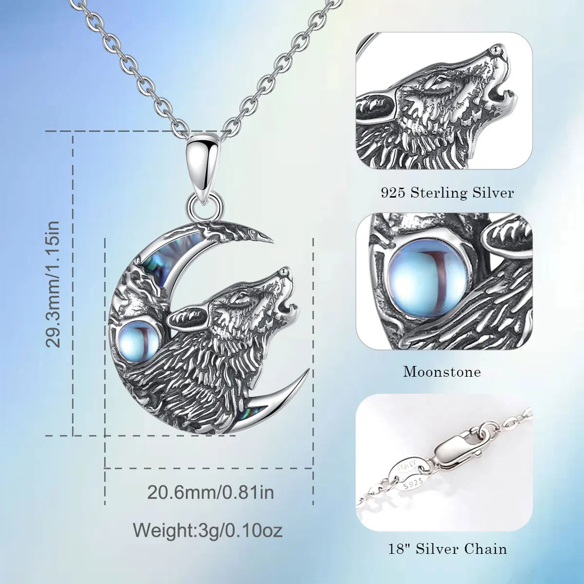 Wolf on the Moon Necklace with Moonstone, S925 Sterling Silver
