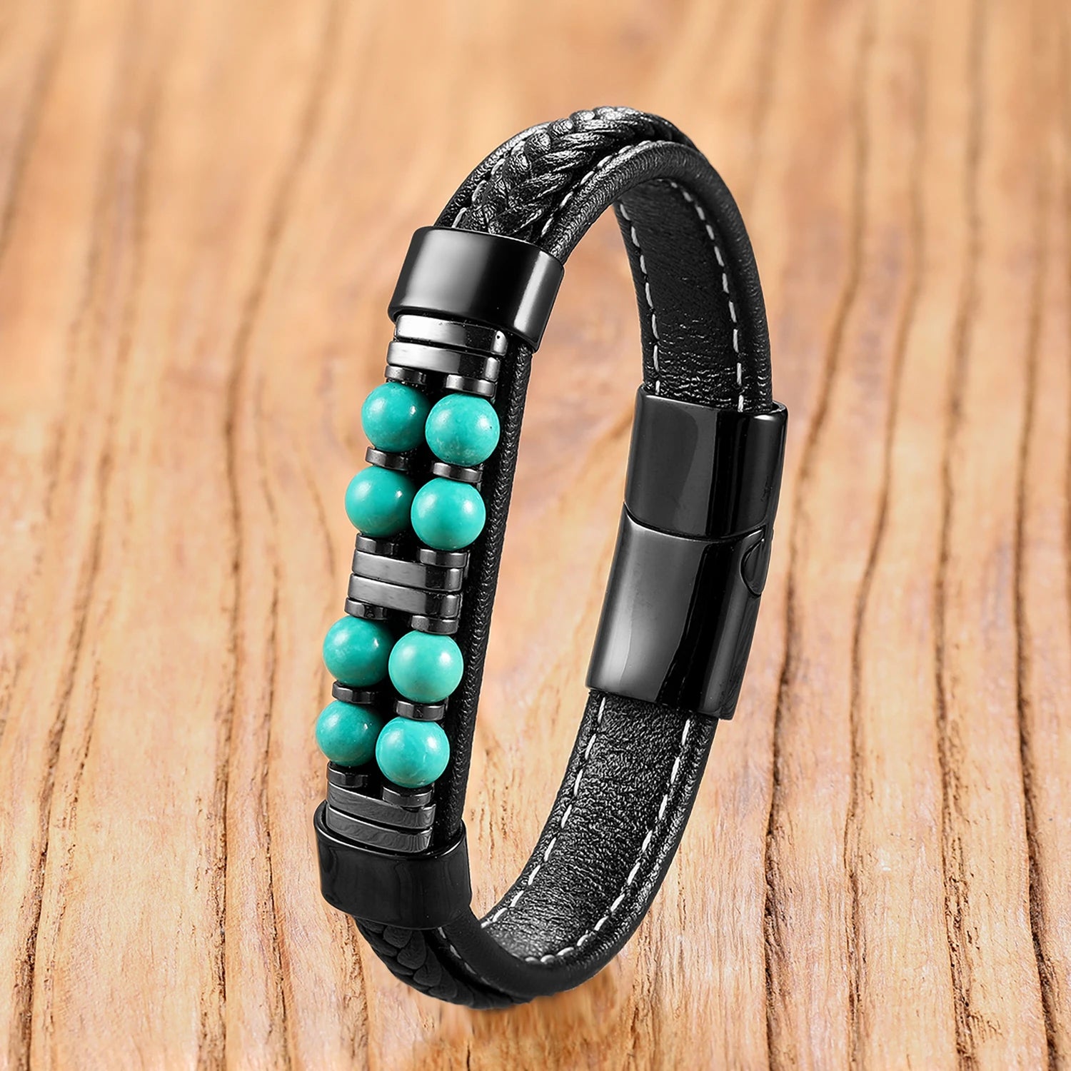 13 Styles Natural Stone Bead Bracelets, Handmade Leather Cord Jewelry with Stainless Steel Clasp, Boho Gift for Women Man - Charlie Dolly