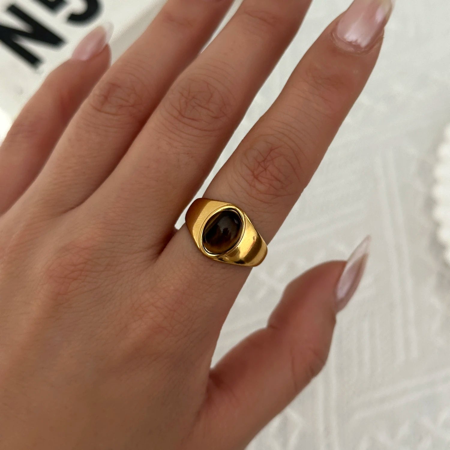 Vintage Boho Turquoise Tiger Eye Stone Rings For Women Stainless Steel Natural Stone Open Finger Ring Party Aesthetic Jewelry - Charlie Dolly