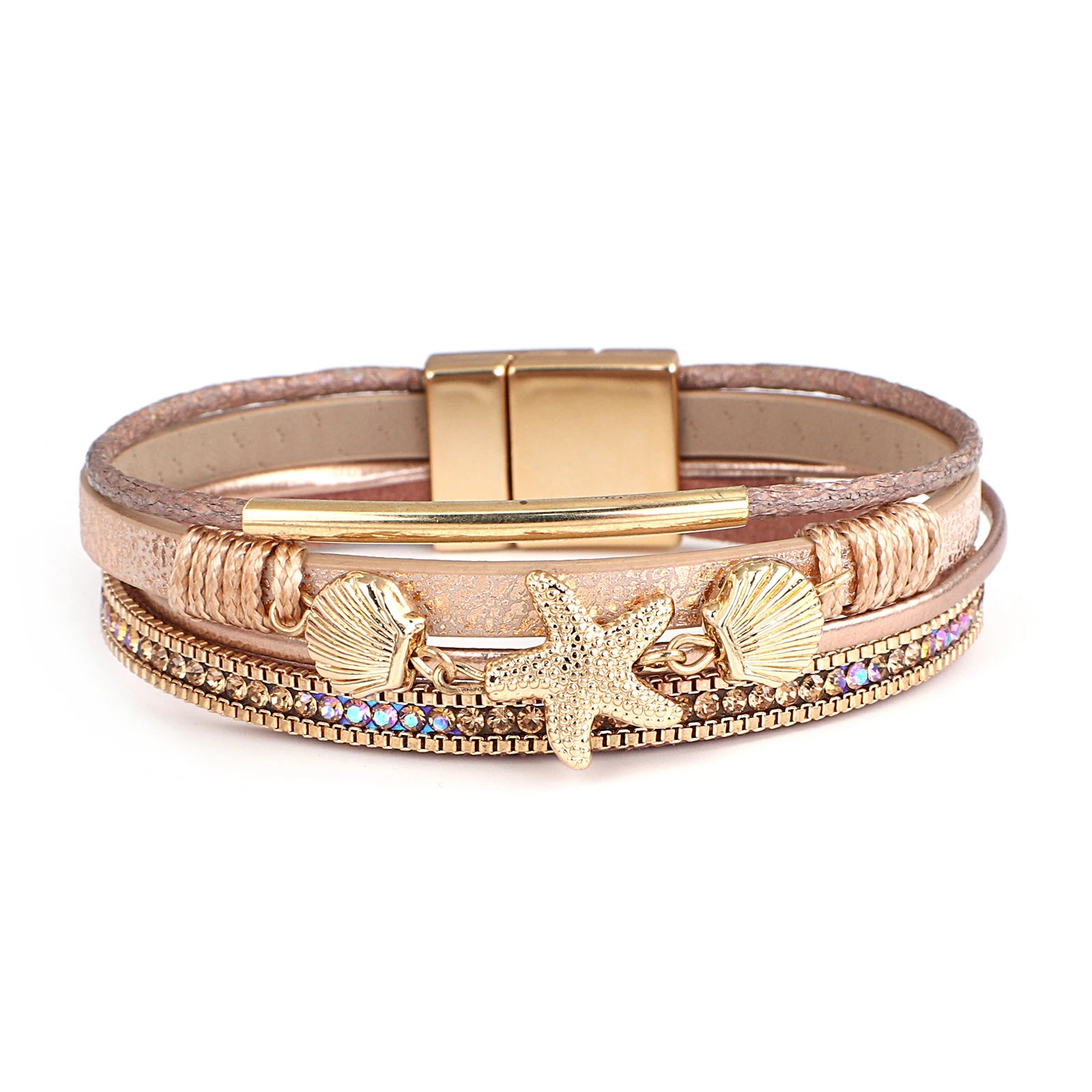Starfish Shell and Crystal Bead Leather Boho Bracelet