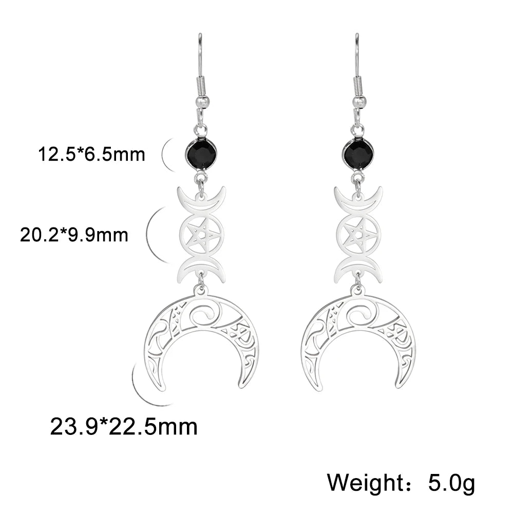 Triple Moon, Rune & Pentagram Hoop Earrings, Stainless Steel Witchy Amulet