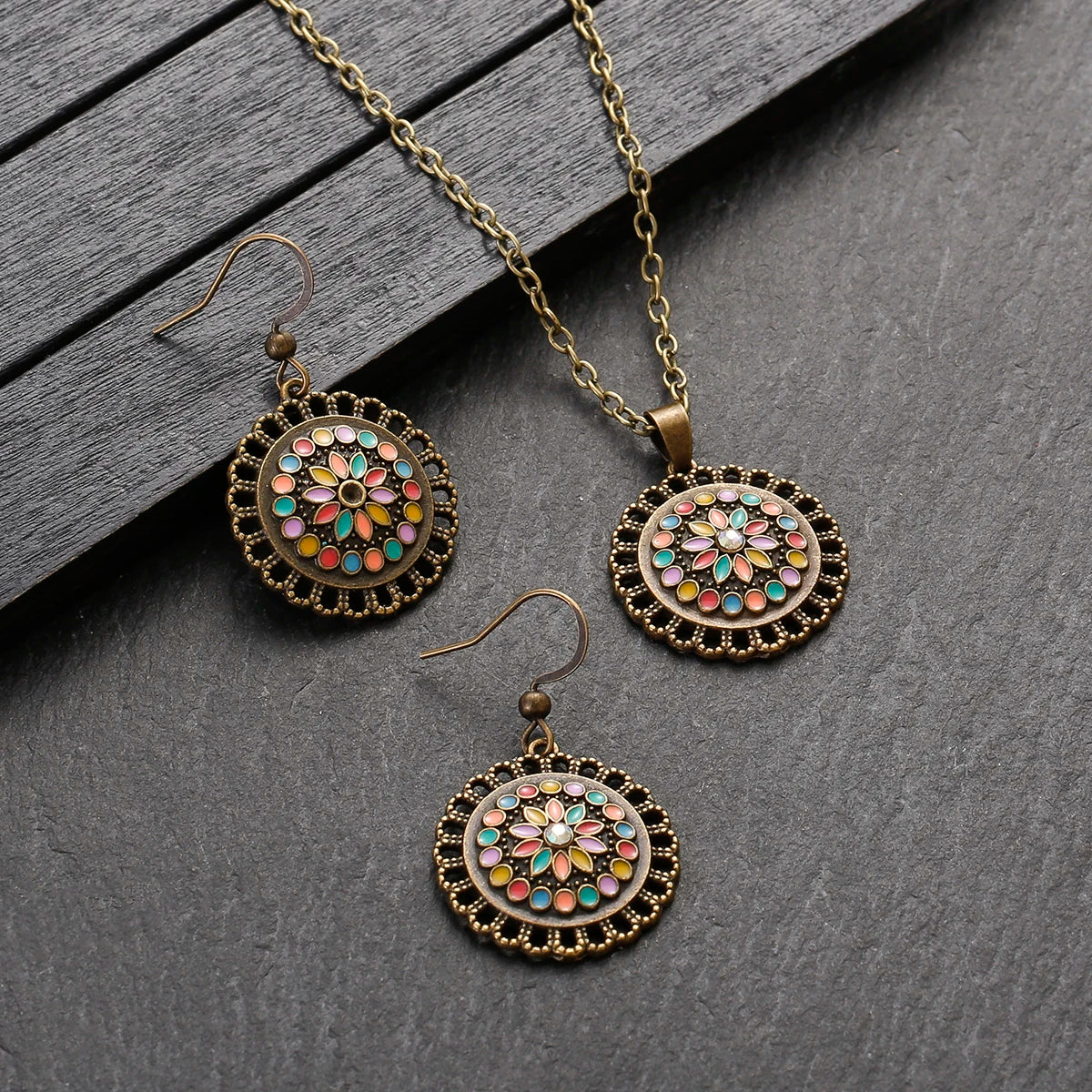Colorful Bead Flower Necklace Earring Set Jewelry