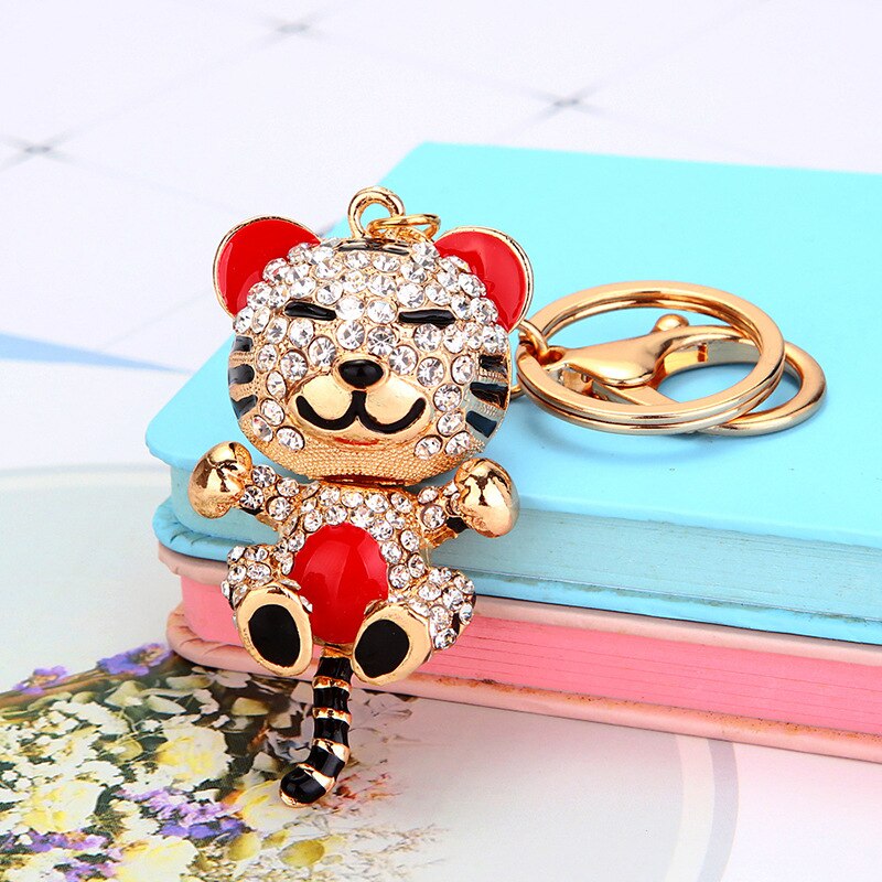High-end zodiac little tiger car keychain female cute goldfish pendant metal key chain ring rhinestone gift