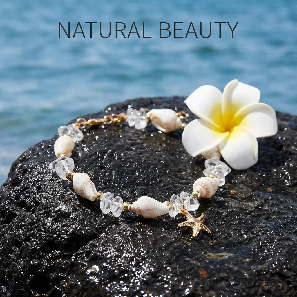 Cowrie Shell and Crystal Bead Starfish Boho Anklet
