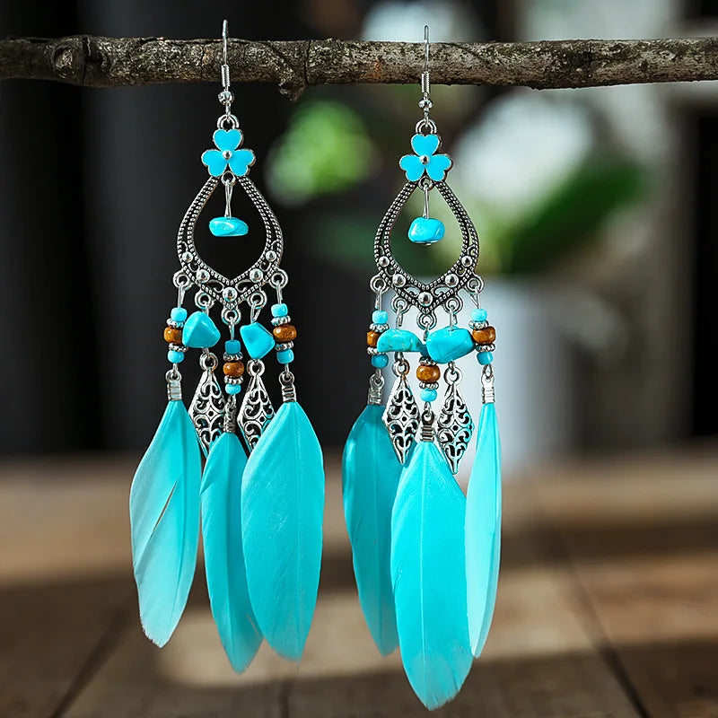 Blue Enamel Feather Crystal Long Earrings Jewelry