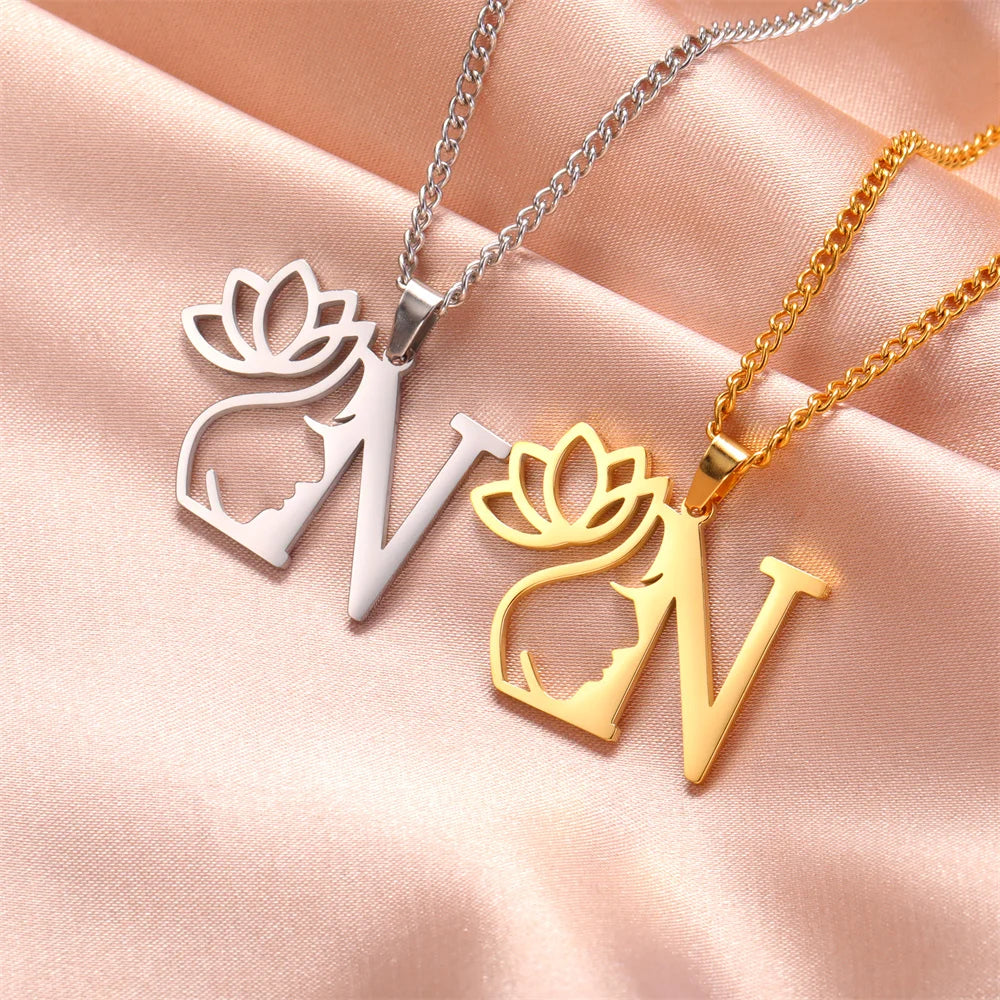 Lotus Flower Initial Letter Pendant, Personalized Stainless Steel Necklace