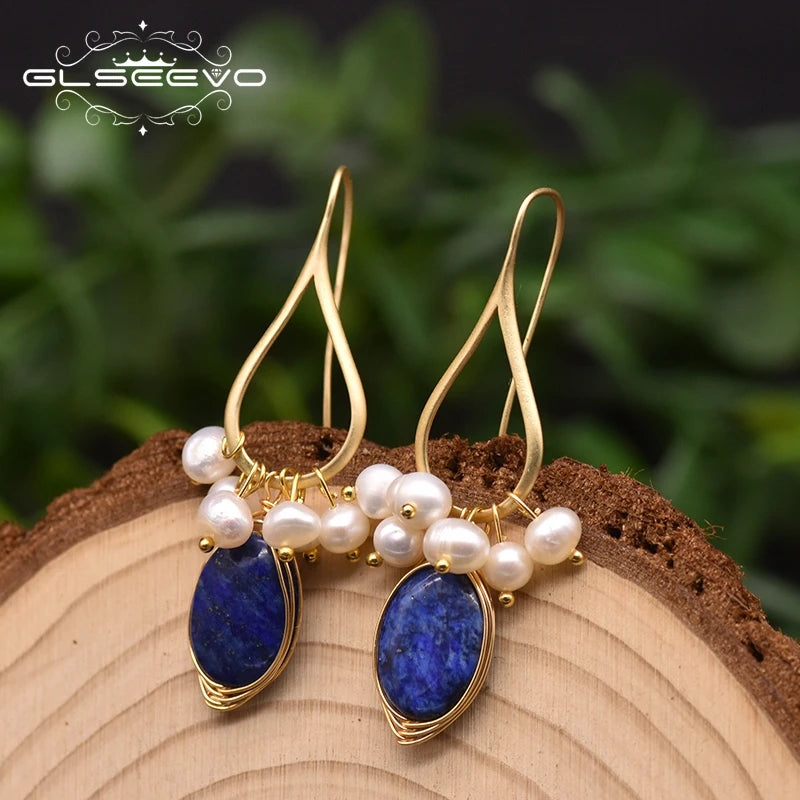 GLSEEVO Natural lapis lazuli Pearl Temperament Drop Earrings Women Girls Party Gift Original Design Luxury Jewellery Gift GE0988 - Charlie Dolly