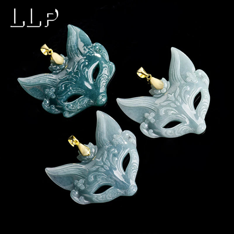 S925 Sterling Silver Hand-Carved Jade Fox Mask Pendant Necklace, Sacred Kitsune Amulet