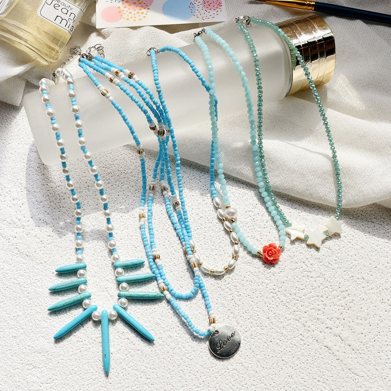 Handmade Beaded Shell Pendant Necklace Pearl Flower Clavicle Chain Vintage Turquoise Choker Necklace Jewelry for Women Gifts