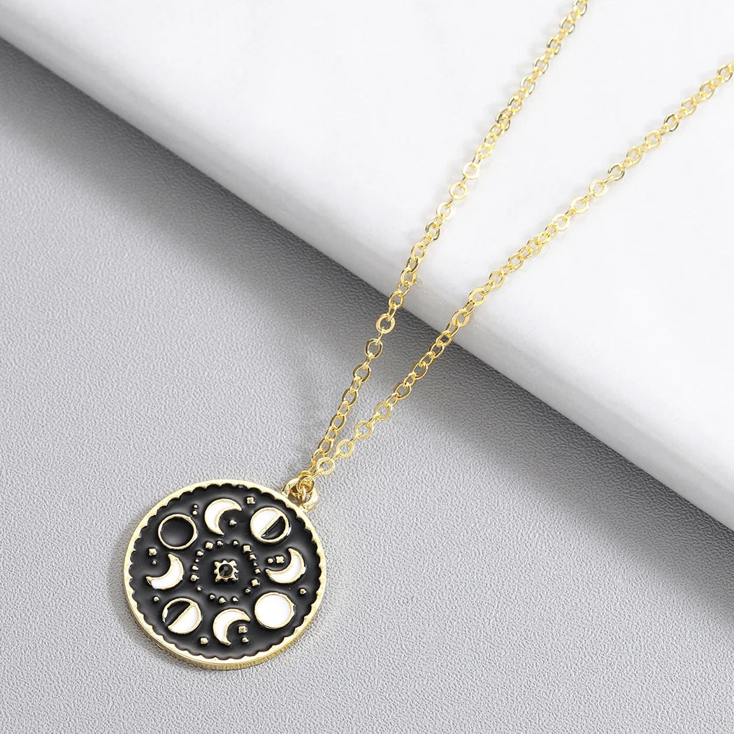 Black Enamel Moon Phase Choker Necklace, Gothic Witchy Celestial Talisman