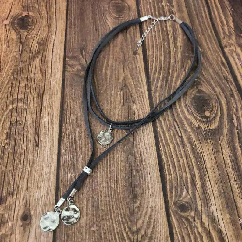 Hammered Coin Disc Velvet Rope Choker Necklace Jewelry