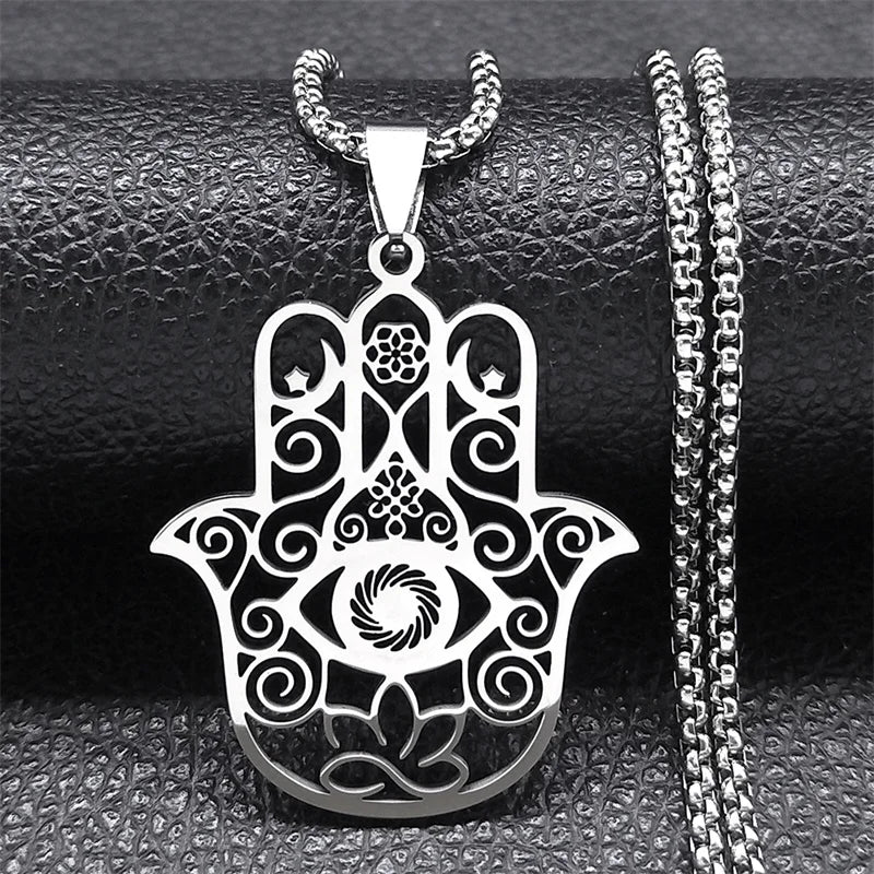 Flower of Life & Hamsa Hand Pendant, Om Lotus Eye Sacred Talisman Necklace