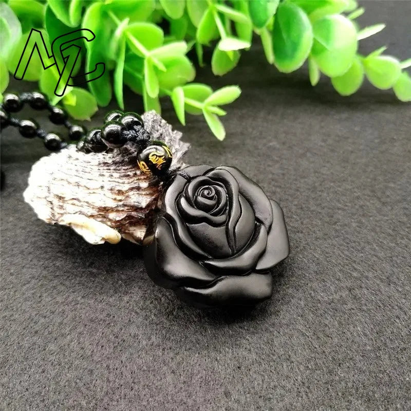 Natural Obsidian Rose Flower Pendant, Hand-Carved Lucky Amulet