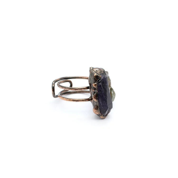 Natural Gem Raw Stone Amethyst Ring Crystal Bronze Plated Citrine Green Fluorite Boho Vintage Fashion For Women's Jewelry Gifts - Charlie Dolly
