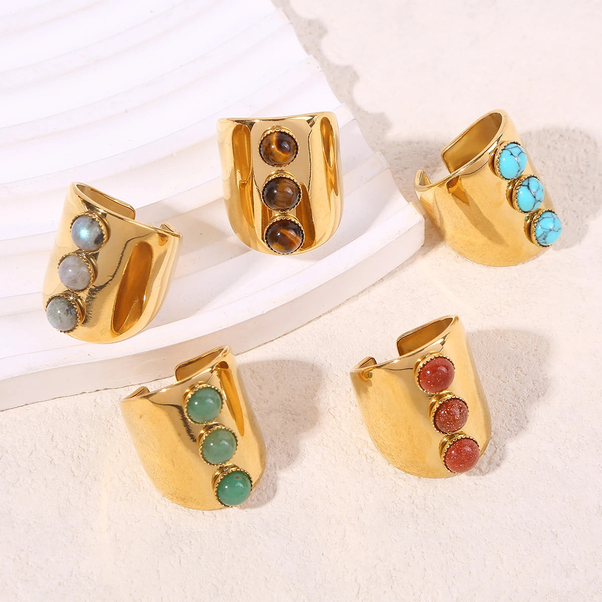 Vintage Wide Three Natural Stone Rings For Women Girls Retro Open Boho Bohemian Stainless Steel Ring Wedding Engagement Jewelry - Charlie Dolly