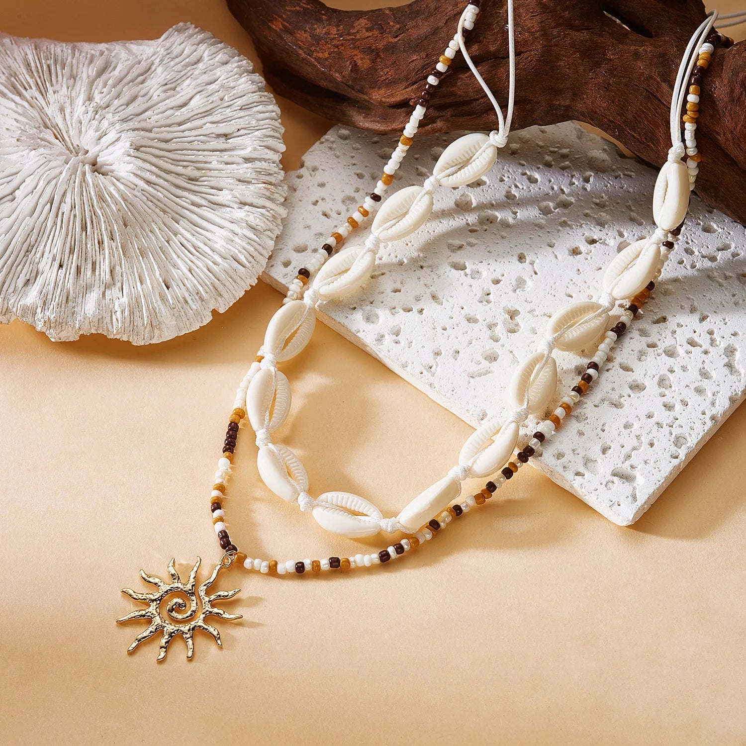 Cowrie Shell Wood Bead Sun Layered Necklace Jewelry