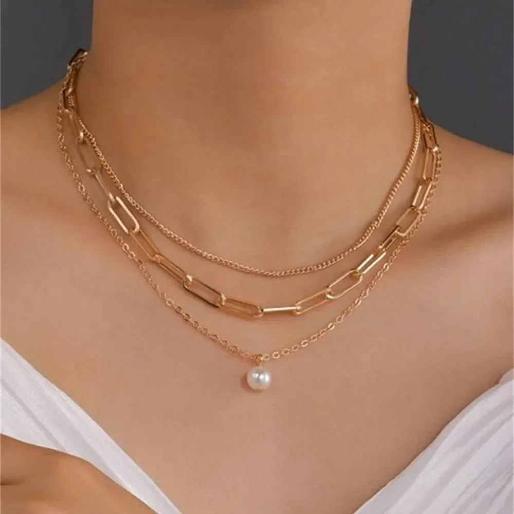 Pearl Pendant Multilayer Chain Collar Necklace Jewelry