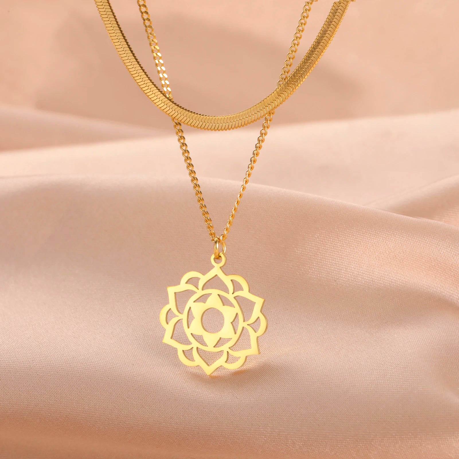 Yoga Lotus & Flower of Life Pendant Necklace, Stainless Steel Chakra Healing Amulet