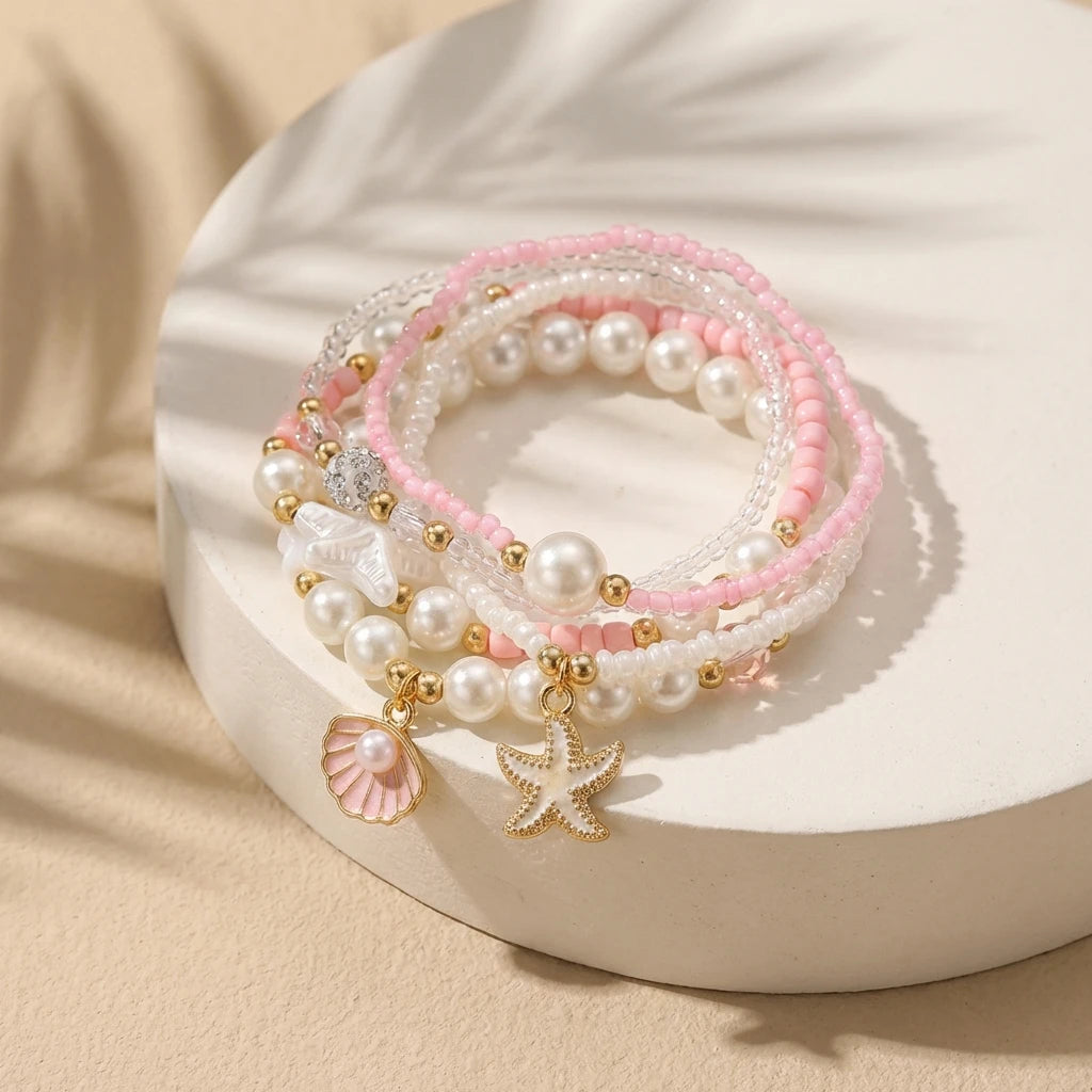Pink Pearl and Shell Stackable Bracelet Set (5 Pieces)
