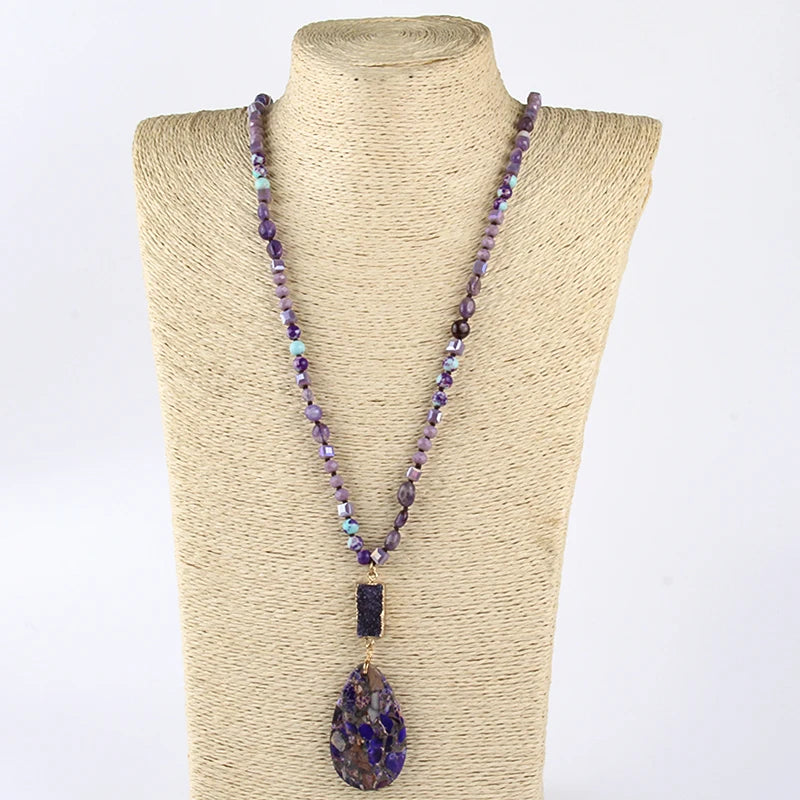 RH Fashion Bohemian Jewelry Natural Random Shape Stones With Druzy Links Semi Precious Pendant Necklaces For Women Boho Gift - Charlie Dolly