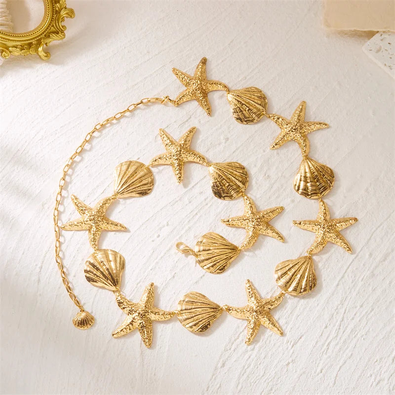Metal Starfish, Shell and Pearl Boho Waist and Belly Chain