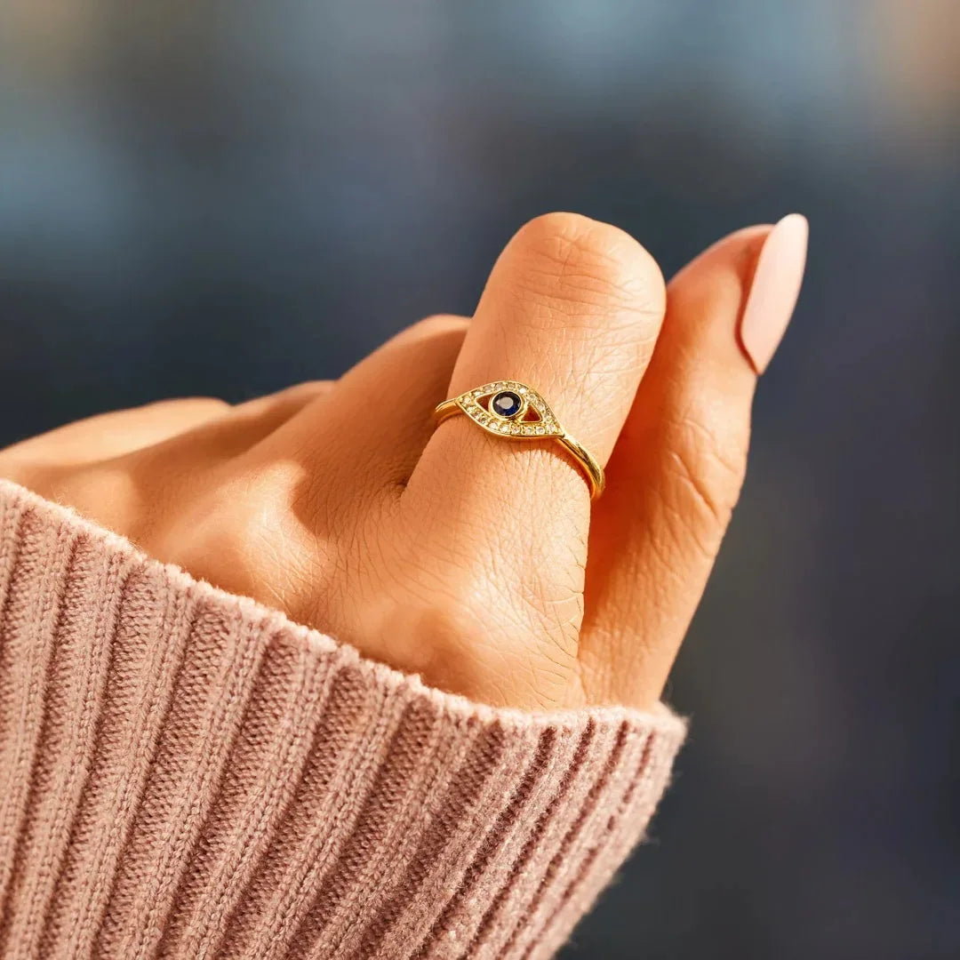 Evil Eye Protection Ring, 14K Gold Zirconia Turkish Nazar Amulet