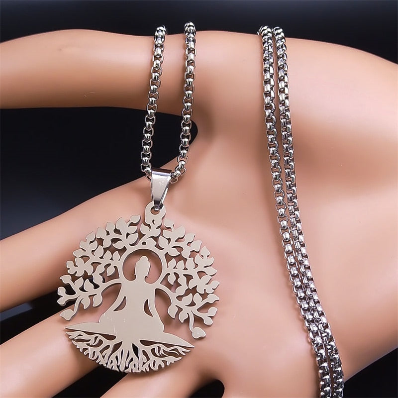 Buddhism Meditation Buddha Yoga Pendant Necklace Stainless Steel Tree of Life Necklace Buddhist Jewelry collares para mujer