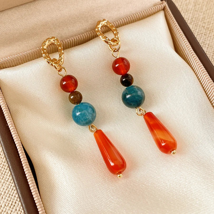Retro Jade Water Drop Tassel Earrings, Chinese Style Natural Stone Boho Jewelry