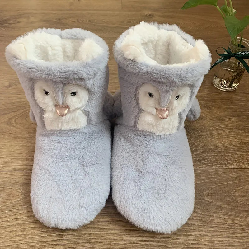 House Slipper Fur Female Women Shoes Flat Contton Plush Anti Skid Grip None Indoor Fluffy Kawaii Cute 3D Penguin Home Boots Soft Gray Blue 35 37