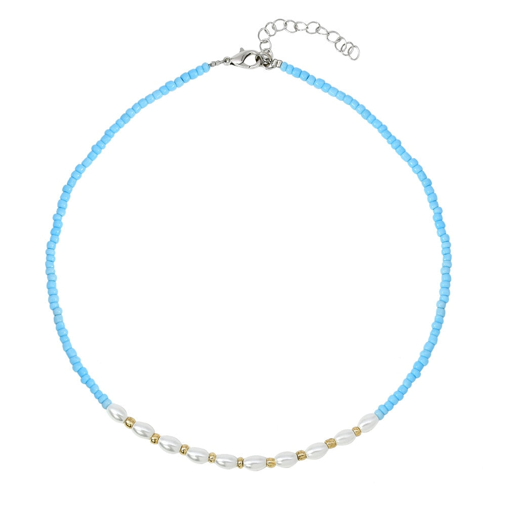 Handmade Beaded Shell Pendant Necklace Pearl Flower Clavicle Chain Vintage Turquoise Choker Necklace Jewelry for Women Gifts