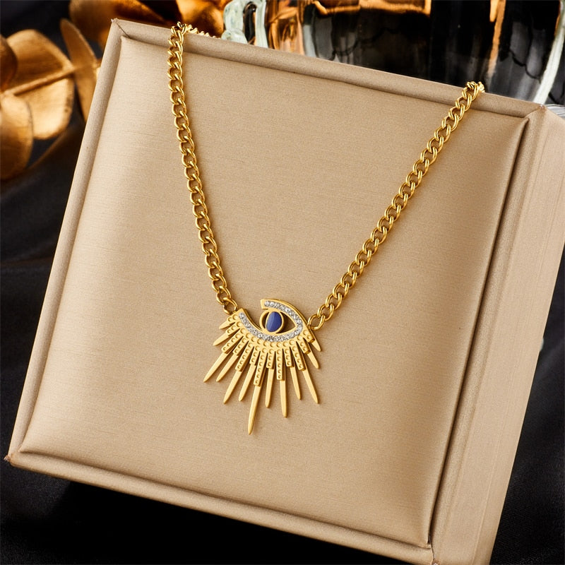 DIEYURO 316L Stainless Steel Butterfly Moon Lock Blue Eyes Pendant Necklace For Women Multilayer Choker Chain Jewelry Gifts - Charlie Dolly