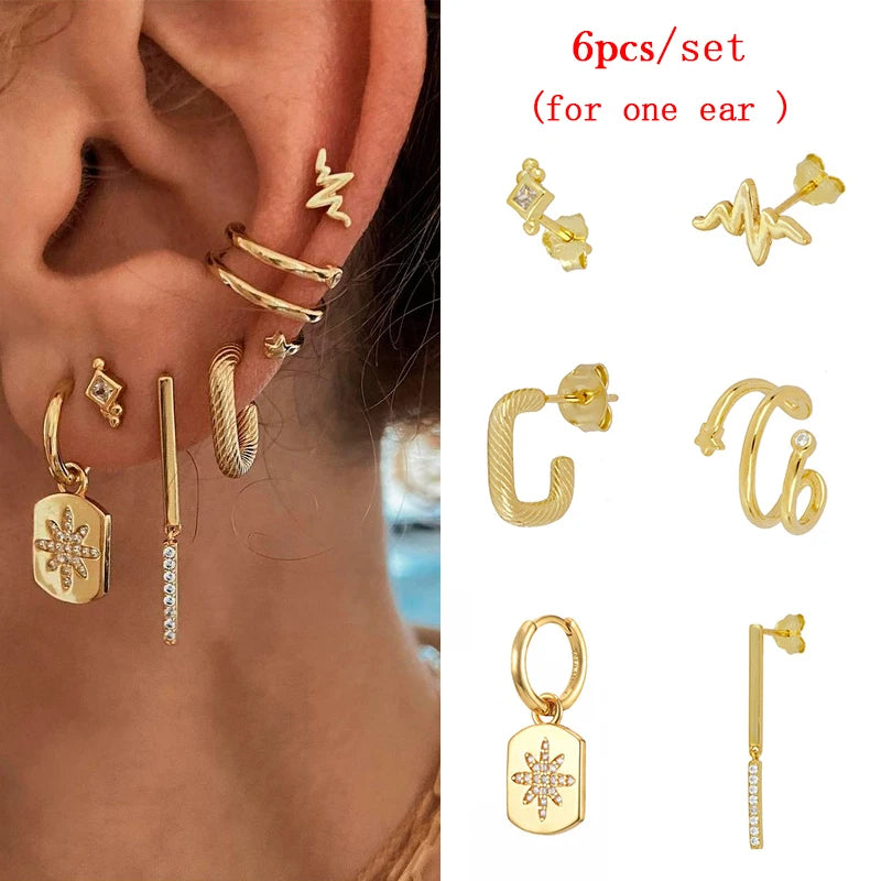 Gold Plated Hoop Stud Ear Cuff Earrings Set Jewelry