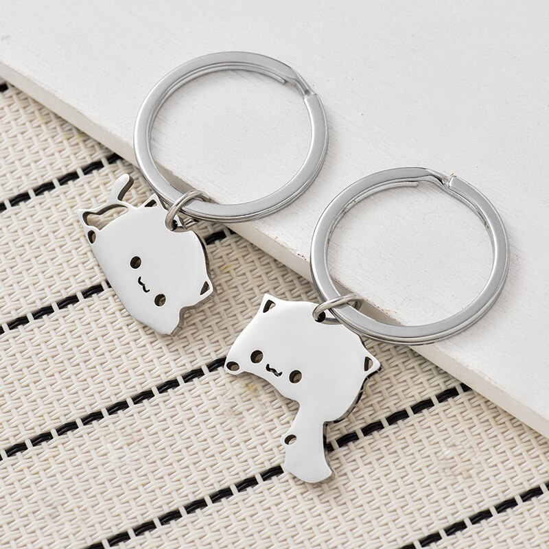 Cute Cat Keychain Stainless Steel Key ring Couple Lover Animal Matching Keyring Pendants Valentine's Day Gift - Charlie Dolly