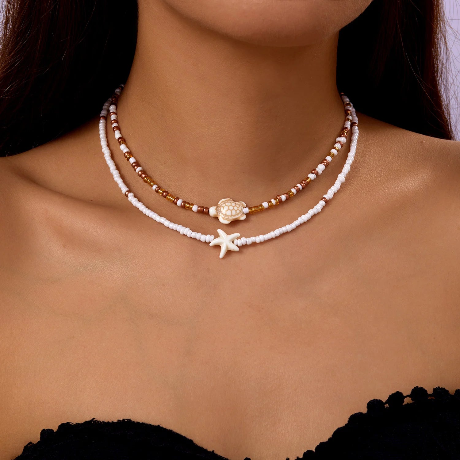 Double Layered Sea Shell and Starfish Boho Necklace