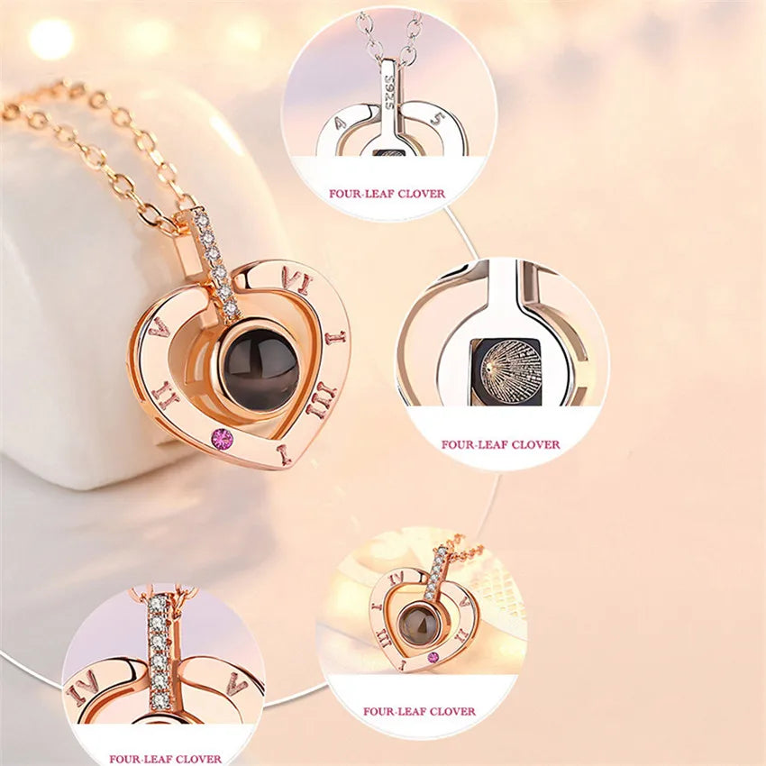 Projection Necklace, I Love You in 100 Languages, Zircon Heart Pendant Gift