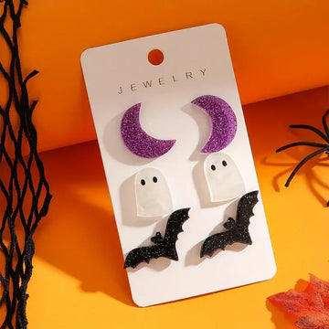 Halloween Gothic Earring Set - 3 Pairs Of Acrylic Studs With Moon, Bat, Ghost, Pumpkin & Spider Designs For Women - Perfect Vint - Charlie Dolly