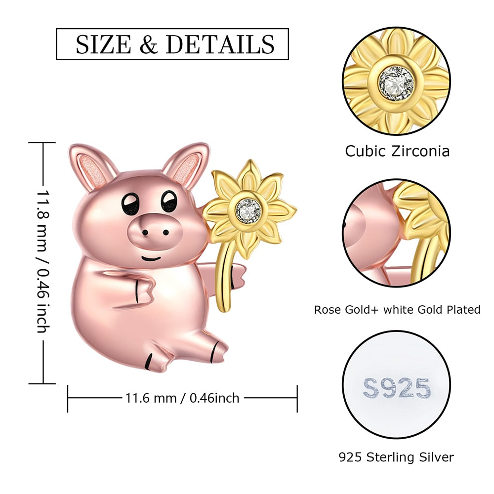 925 Sterling Silver Sunflower Pig Stud Earrings Fashion Cute Animal Jewelry Birthday Gifts For Women Daughter Girls Girlfriend