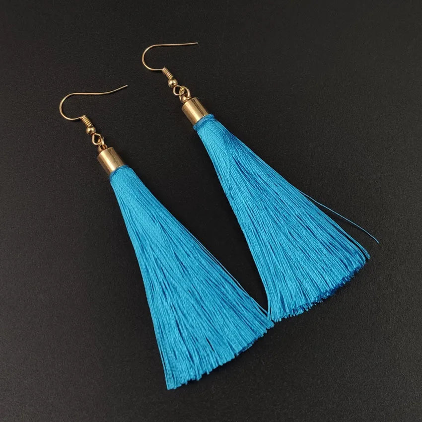 Silk Rose Flower Crystal Long Tassel Earrings Jewelry