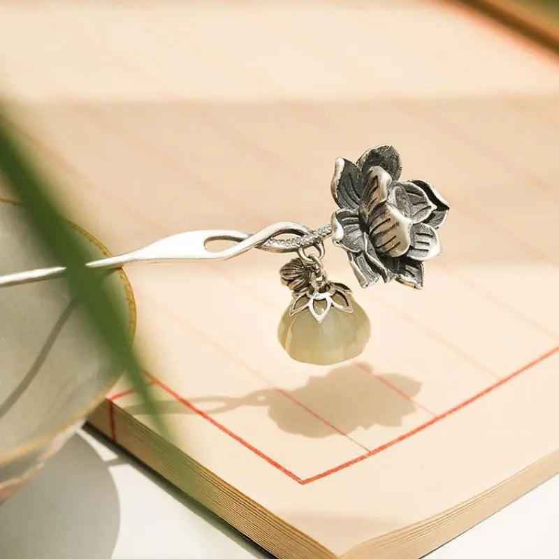 Natural Hotan Jade Lotus Flower Jewelry Set, Necklace Ring Bracelet Hairpin Boutique