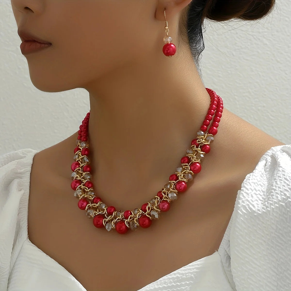 Gemstone Double Layer Necklace Earring Set Jewelry
