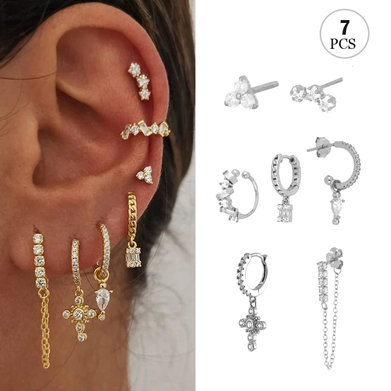 Gold Plated Hoop Stud Ear Cuff Earrings Set Jewelry