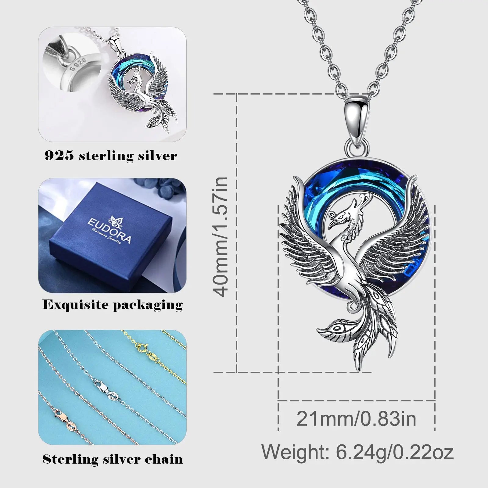 Phoenix Amulet Necklace with Austrian Crystal, S925 Sterling Silver