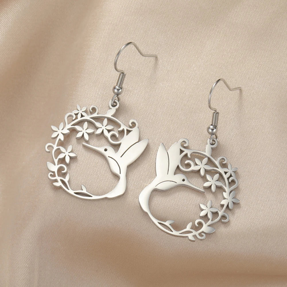 Hummingbird Filigree Flower Dangle Earrings Jewelry